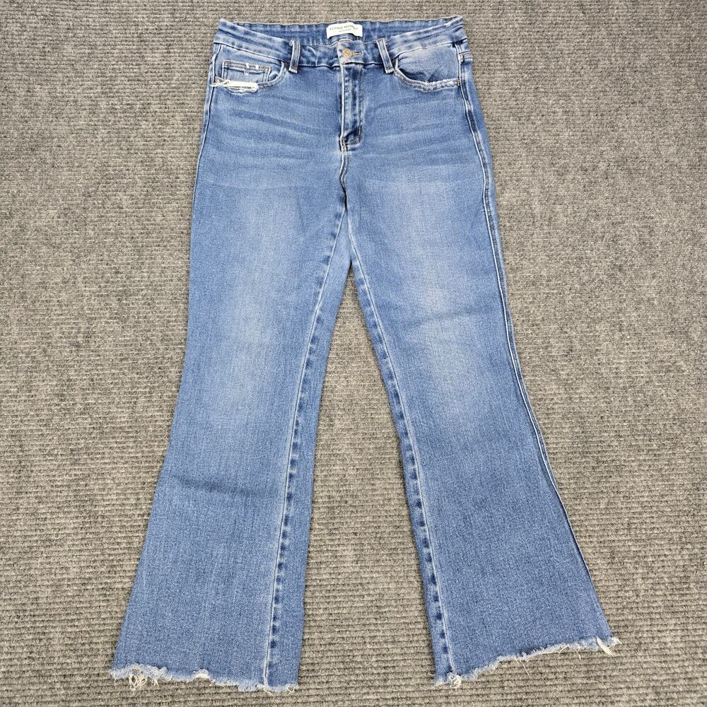 Flying Monkey Jeans Womens 30x27 Mid Rise Cropped Flare Blue Distressed Raw Hem